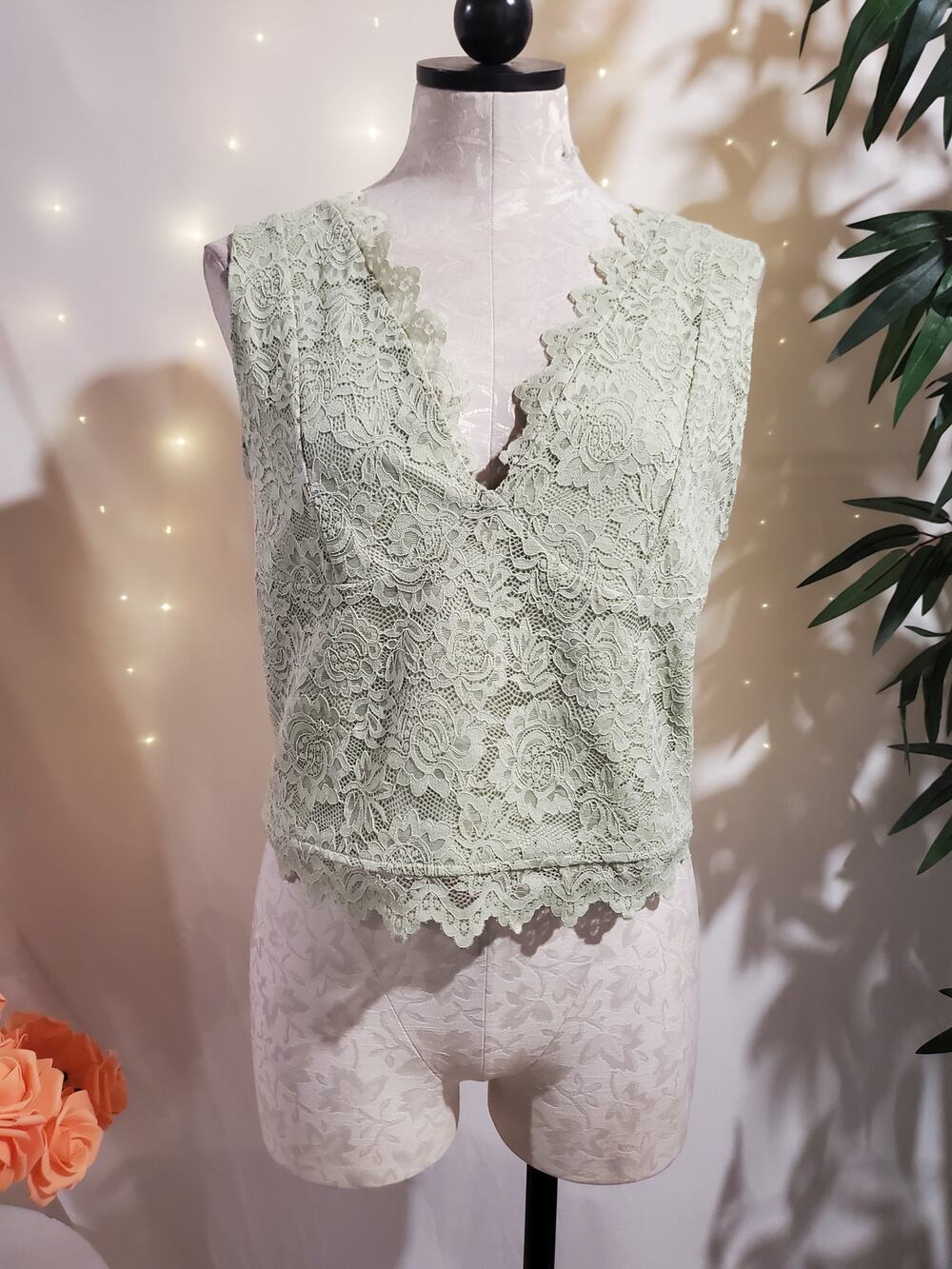 Reoria Womens Lace Babydoll V-Neck Top Size XXL Sage Green Fairy Coquette Floral